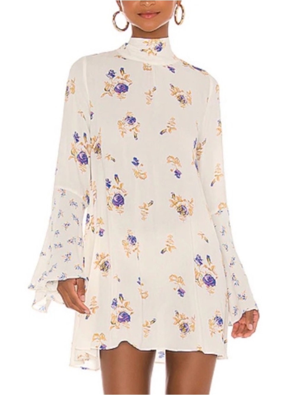 Free People Floral Mock Neck Tunic Dress Bell Sleeve Boho Mini Cream Size XS